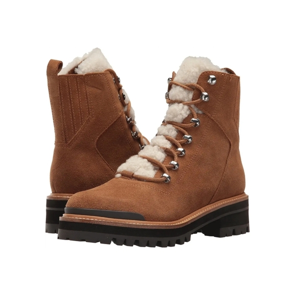MARC FISHER Izzie Boot Shearling Suede Light Tan Brown Lugsole Lace Up Lizzie 6 - Picture 2 of 16